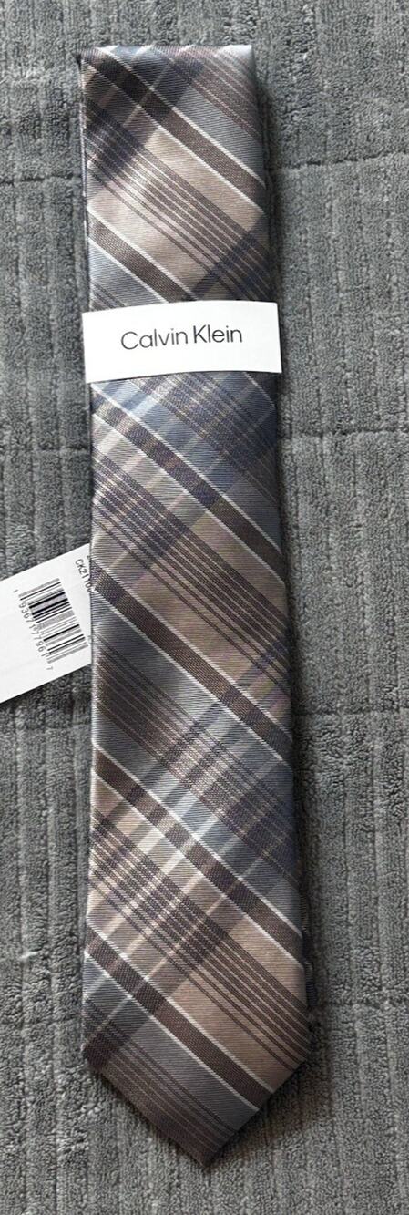 Calvin Klein Men’s Charcoal Gray Silver Plaid Silk Blend Tie NWT